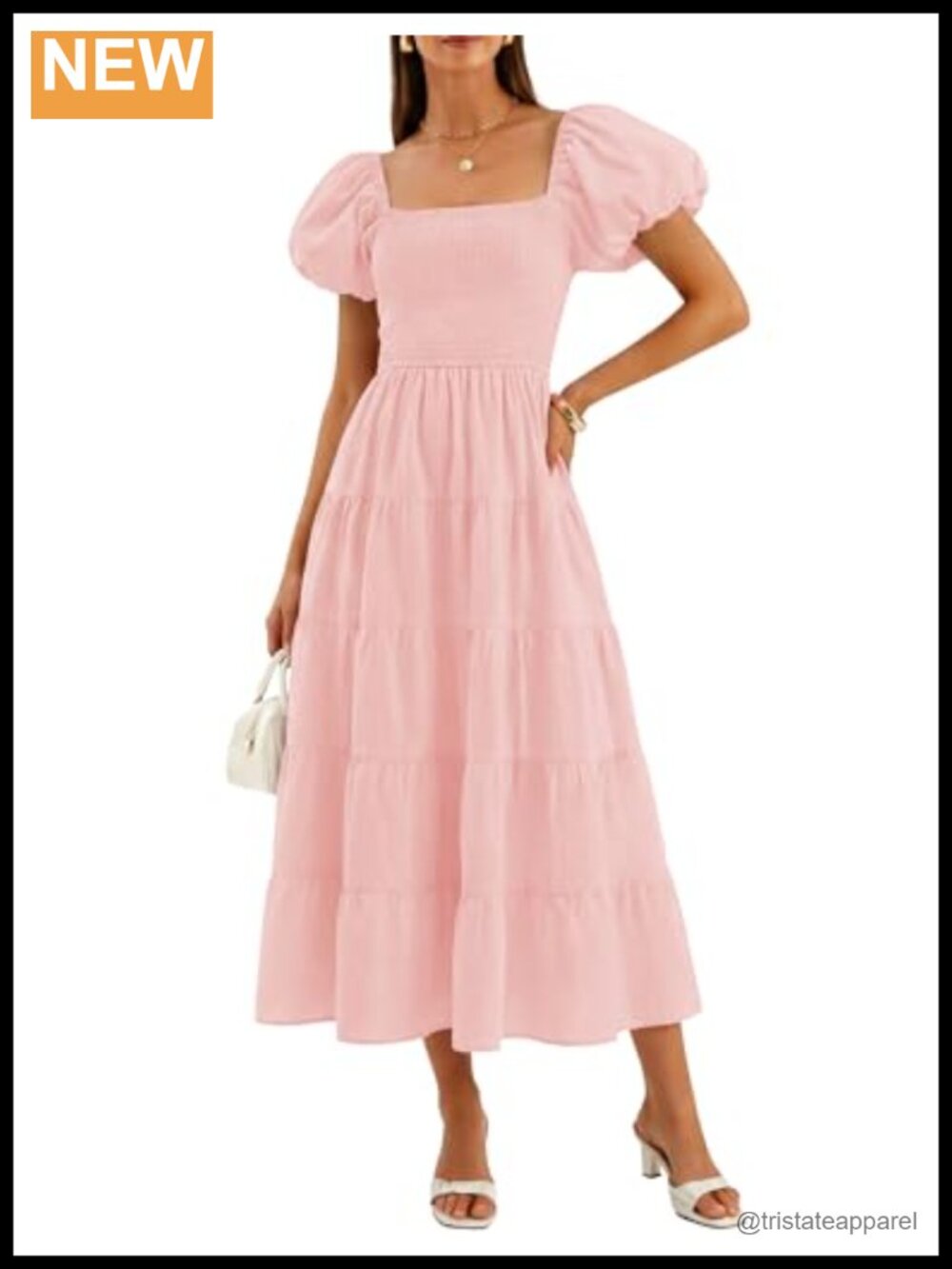 Boho Smocked Midi Dress Square Neck Puff Sleeve A-Line Summer